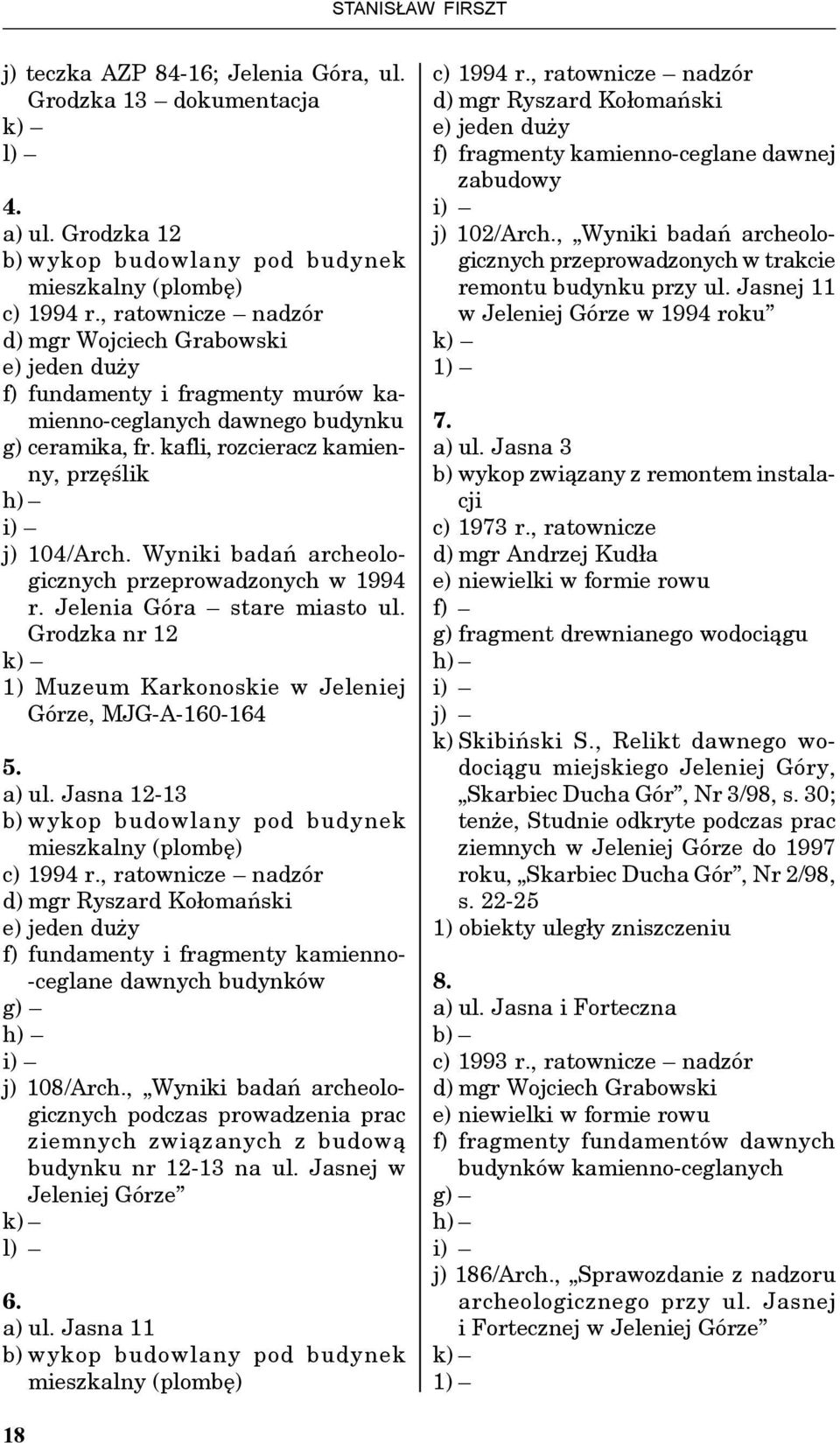 Wyniki badań archeologicznych przeprowadzonych w 1994 r. Jelenia Góra stare miasto ul. Grodzka nr 12 k) 1) Muzeum Karkonoskie w Jeleniej Górze, MJG-A-160-164 5. a) ul.