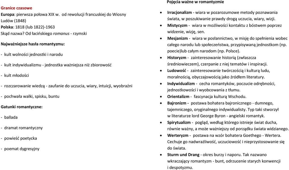 - zaufanie do uczucia, wiary, intuicji, wyobraźni - pochwała walki, spisku, buntu Gatunki romantyczne: - ballada - dramat romantyczny - powieść poetycka - poemat dygresyjny Pojęcia ważne w