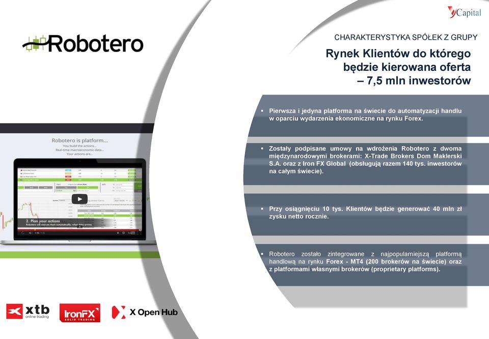 oraz z Iron FX Global (obsługują razem 140 tys. inwestorów na całym świecie). Przy osiągnięciu 10 tys. Klientów będzie generować 40 mln zł zysku netto rocznie.