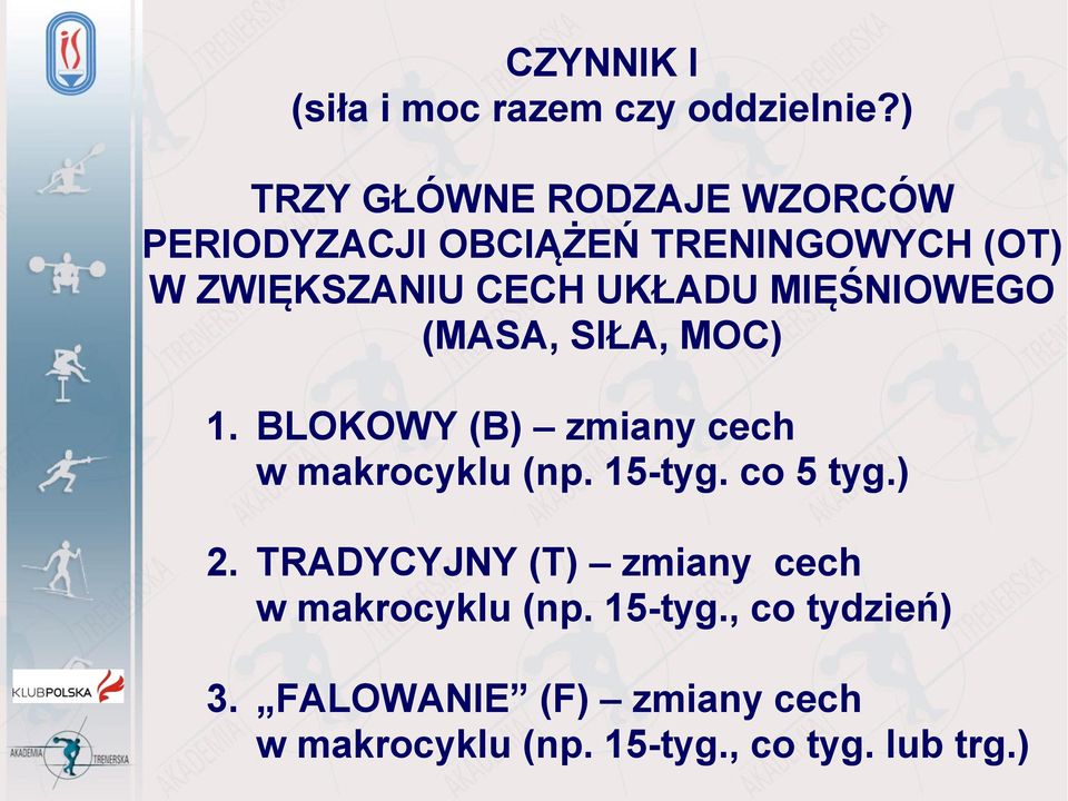 UKŁADU MIĘŚNIOWEGO (MASA, SIŁA, MOC) 1. BLOKOWY (B) zmiany cech w makrocyklu (np. 15-tyg.