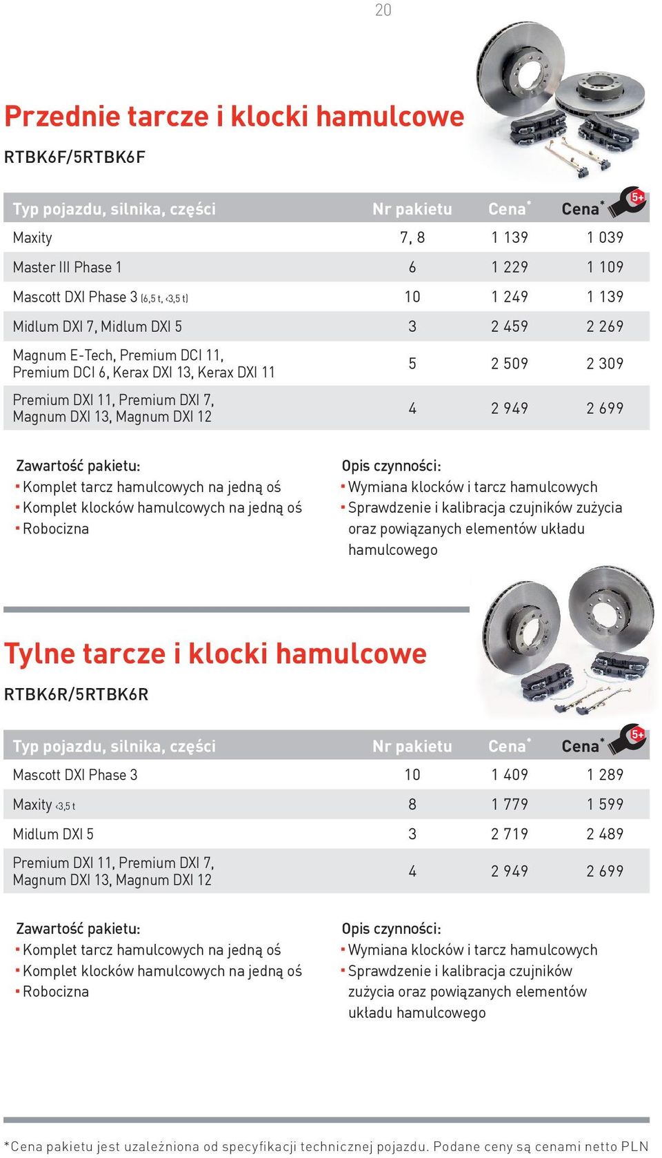 oś Komplet klocków hamulcowych na jedną oś Wymiana klocków i tarcz hamulcowych Sprawdzenie i kalibracja czujników zużycia oraz powiązanych elementów układu hamulcowego Tylne tarcze i klocki hamulcowe