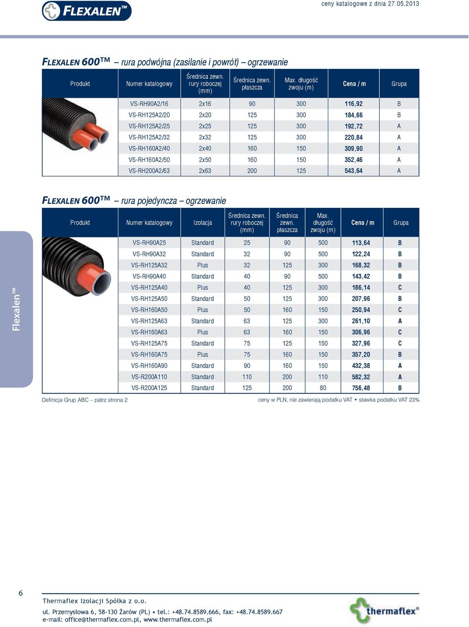 150 309,90 A VS-RH160A2/50 2x50 160 150 352,46 A VS-RH200A2/63 2x63 200 125 543,64 A FLEXALEN 600 rura pojedyncza ogrzewanie Numer katalogowy Izolacja Średnica zewn. rury roboczej (mm) Średnica zewn.