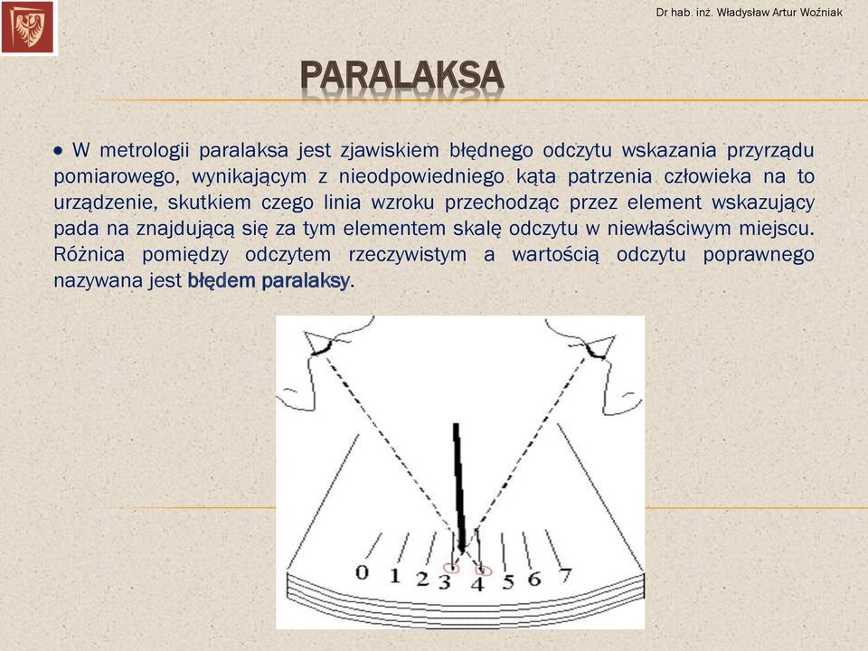 przechodząc przez element wskazujący pada na znajdującą się za tym elementem skalę odczytu w