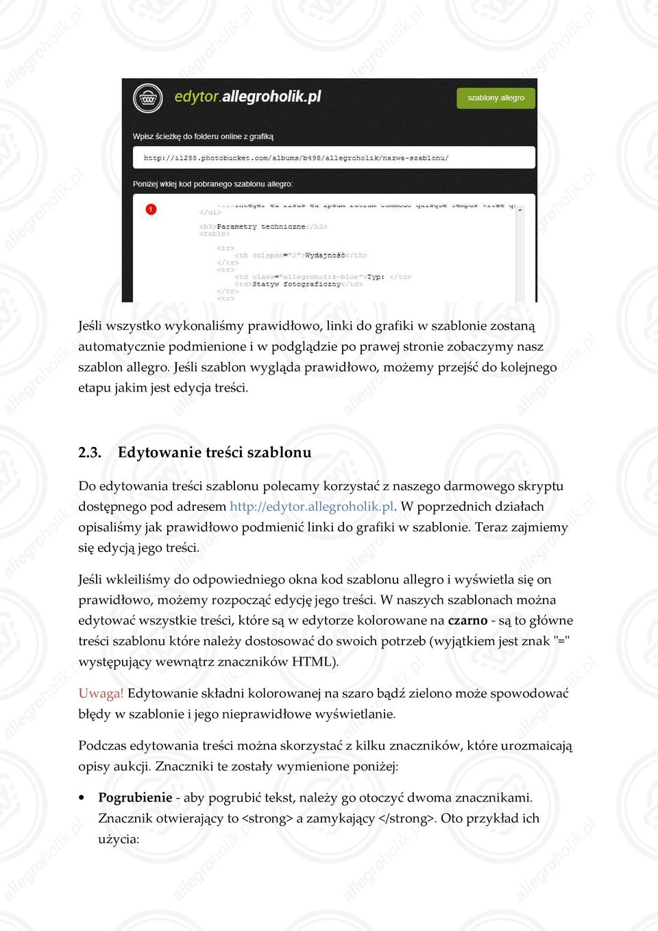 Edytowanie treści szablonu Do edytowania treści szablonu polecamy korzystać z naszego darmowego skryptu dostępnego pod adresem http://edytor.allegroholik.pl.