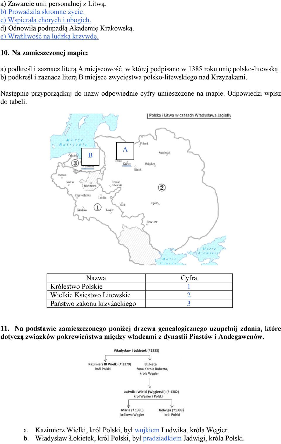 b) podkreśl i zaznacz literą B miejsce zwycięstwa polsko-litewskiego nad Krzyżakami. Następnie przyporządkuj do nazw odpowiednie cyfry umieszczone na mapie. Odpowiedzi wpisz do tabeli.