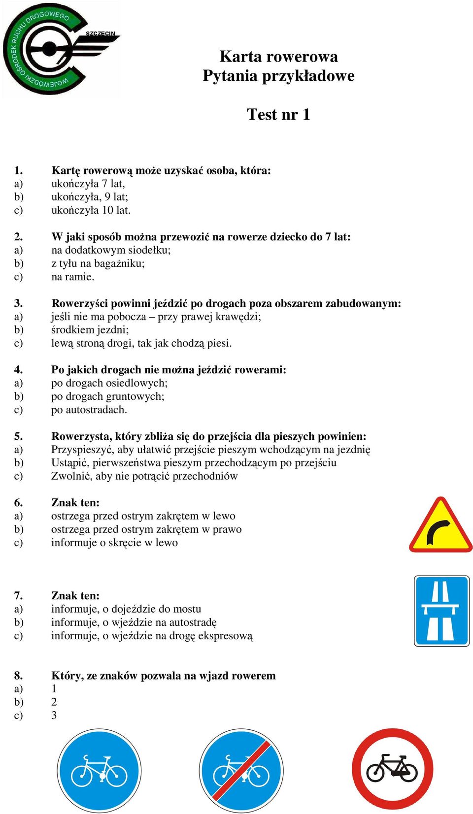 Karta rowerowa Pytania przykładowe. Test nr 1 - PDF Darmowe pobieranie