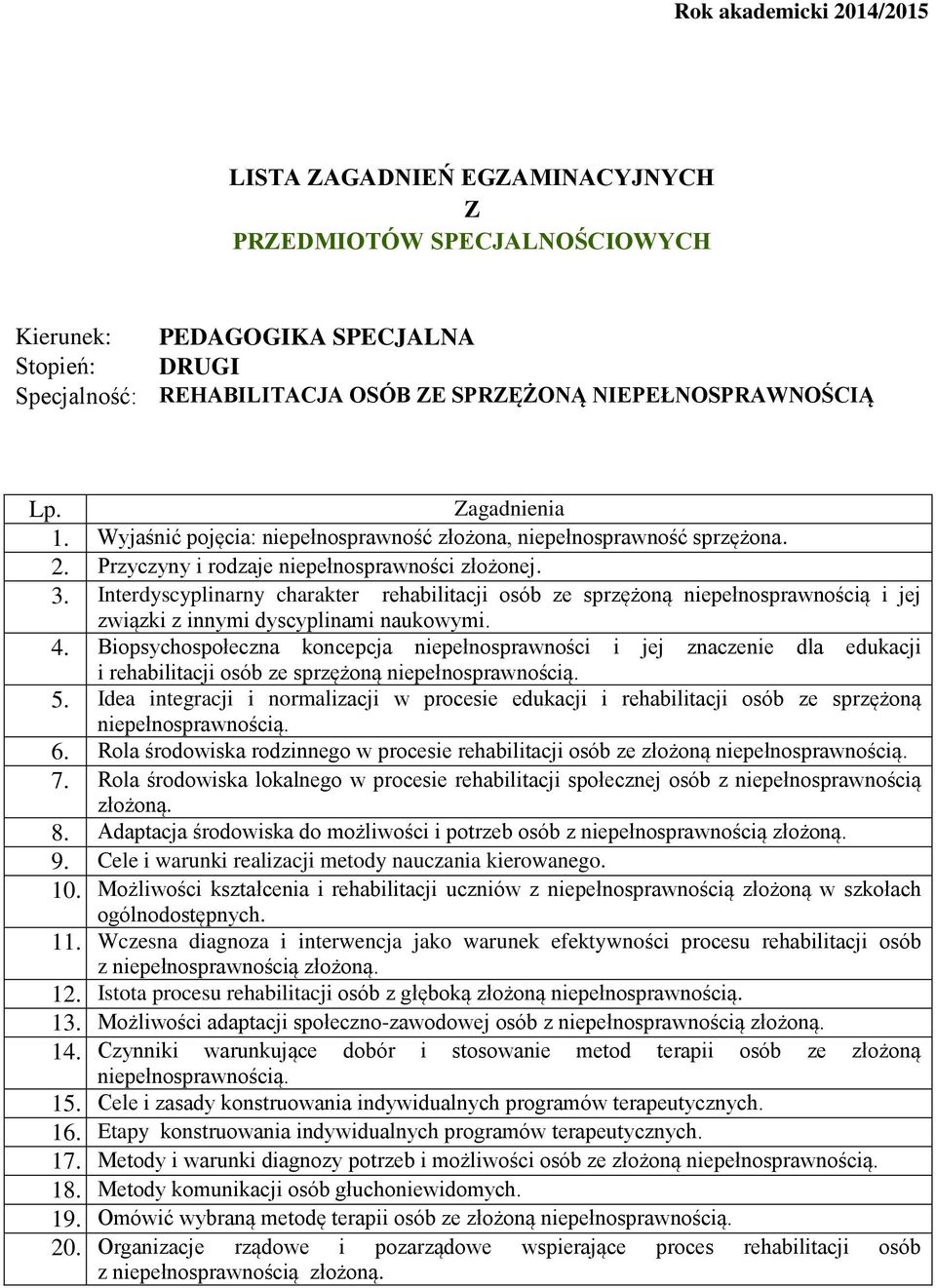 Interdyscyplinarny charakter rehabilitacji osób ze sprzężoną niepełnosprawnością i jej związki z innymi dyscyplinami naukowymi. 4.