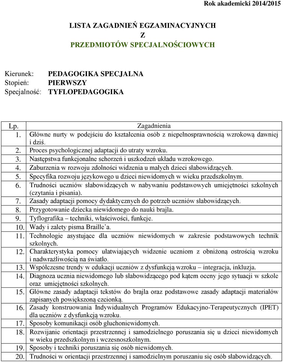 Następstwa funkcjonalne schorzeń i uszkodzeń układu wzrokowego. 4. aburzenia w rozwoju zdolności widzenia u małych dzieci słabowidzących. 5.