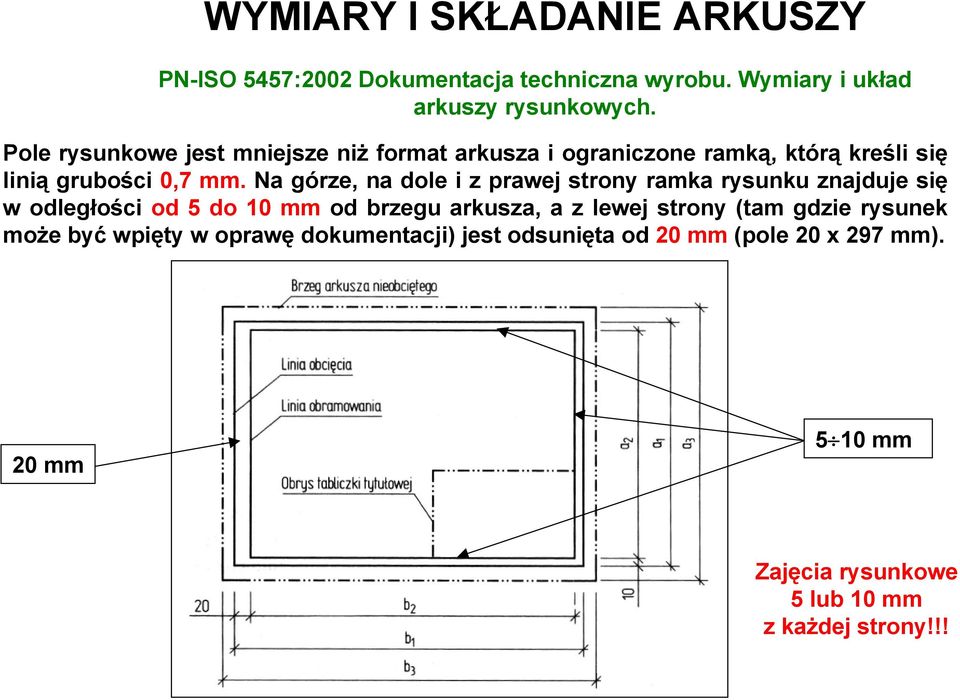 Na górze, na dole i z prawej strony ramka rysunku znajduje się w odległości od 5 do 10 mm od brzegu arkusza, a z lewej strony