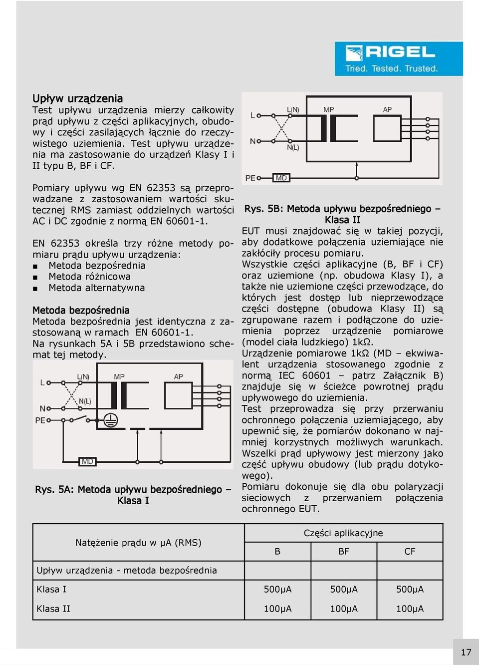 Pomiary upływu wg EN 62353 są przeprowadzane z zastosowaniem wartości skutecznej RMS zamiast oddzielnych wartości AC i DC zgodnie z normą EN 60601-1.