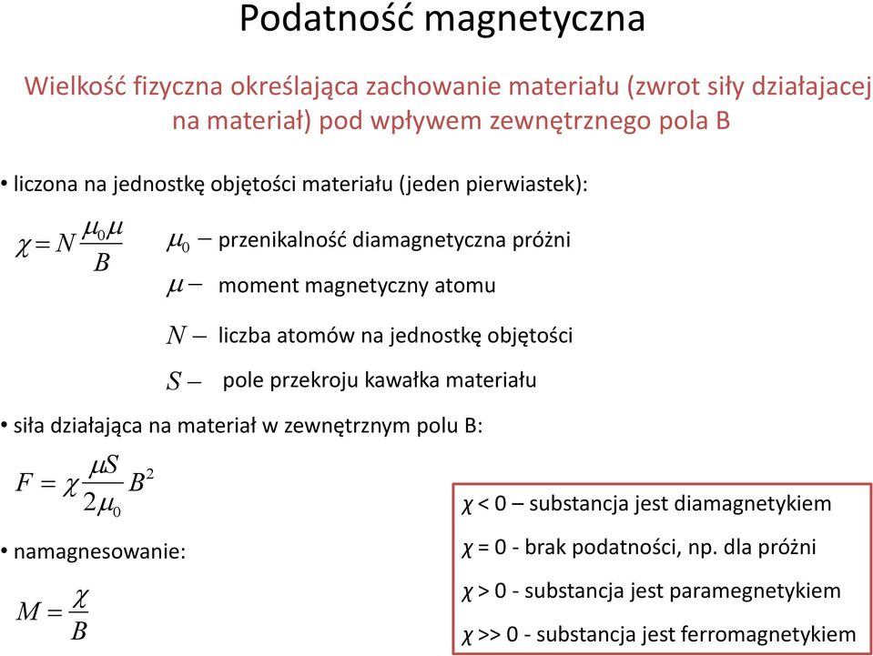 liczba atomów na jednostkę objętości S pole przekroju kawałka materiału siła działająca na materiał w zewnętrznym polu B: namagnesowanie: M B χ <