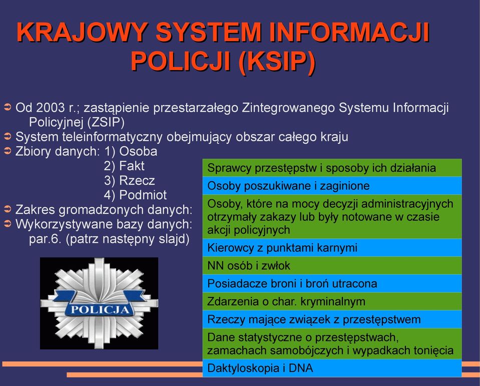 i sposoby ich działania 3) Rzecz Osoby poszukiwane i zaginione 4) Podmiot Zakres gromadzonych danych: Osoby, które na mocy decyzji administracyjnych otrzymały zakazy lub były notowane w