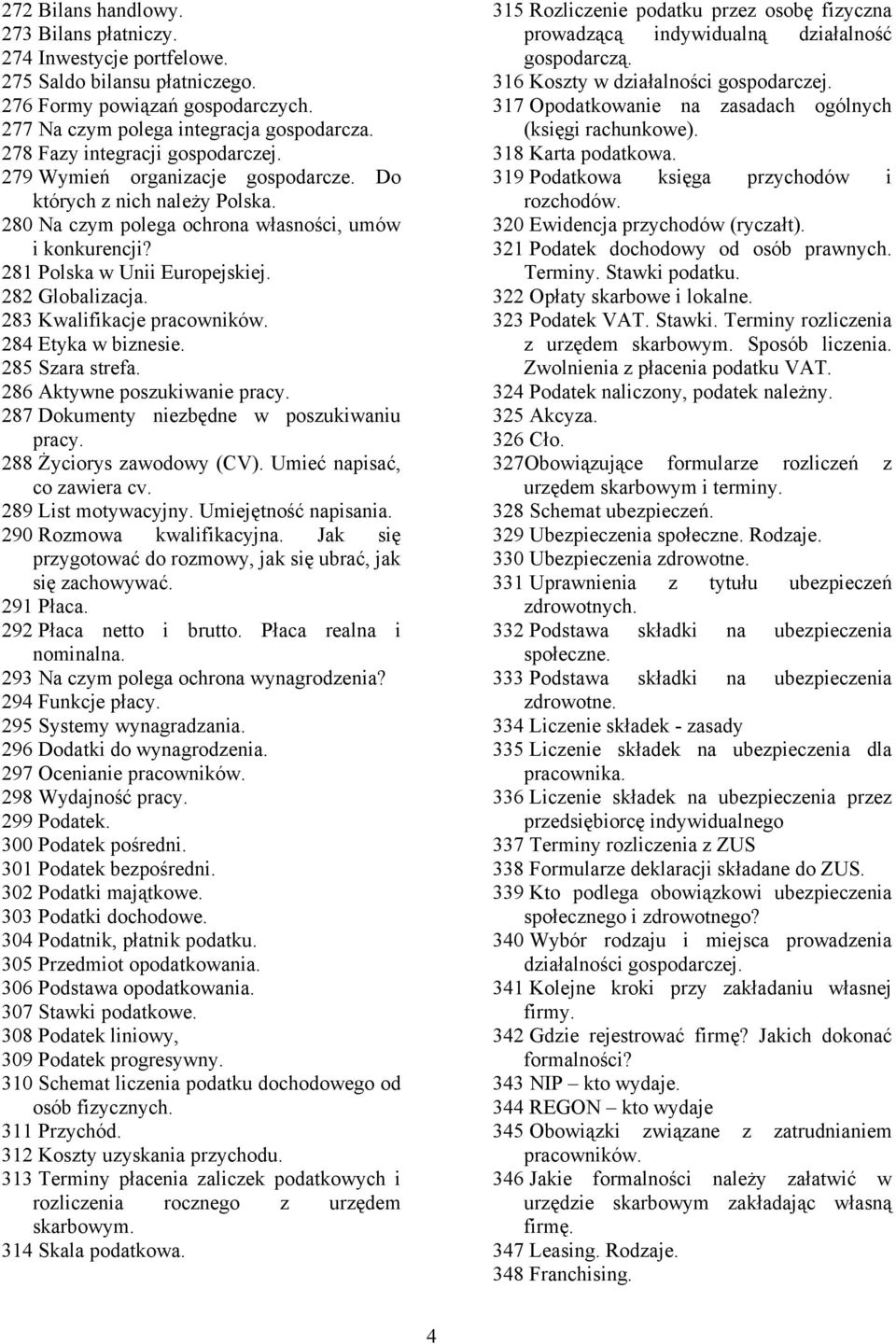 282 Globalizacja. 283 Kwalifikacje pracowników. 284 Etyka w biznesie. 285 Szara strefa. 286 Aktywne poszukiwanie pracy. 287 Dokumenty niezbędne w poszukiwaniu pracy. 288 Życiorys zawodowy (CV).