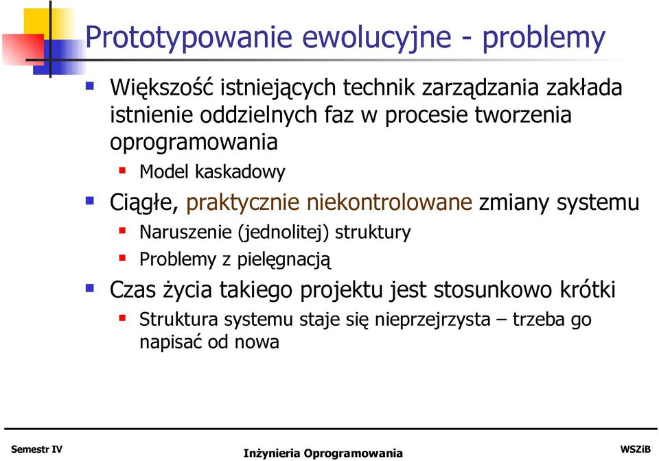 niekontrolowane zmiany systemu Naruszenie (jednolitej) struktury Problemy z pielęgnacją Czas życia