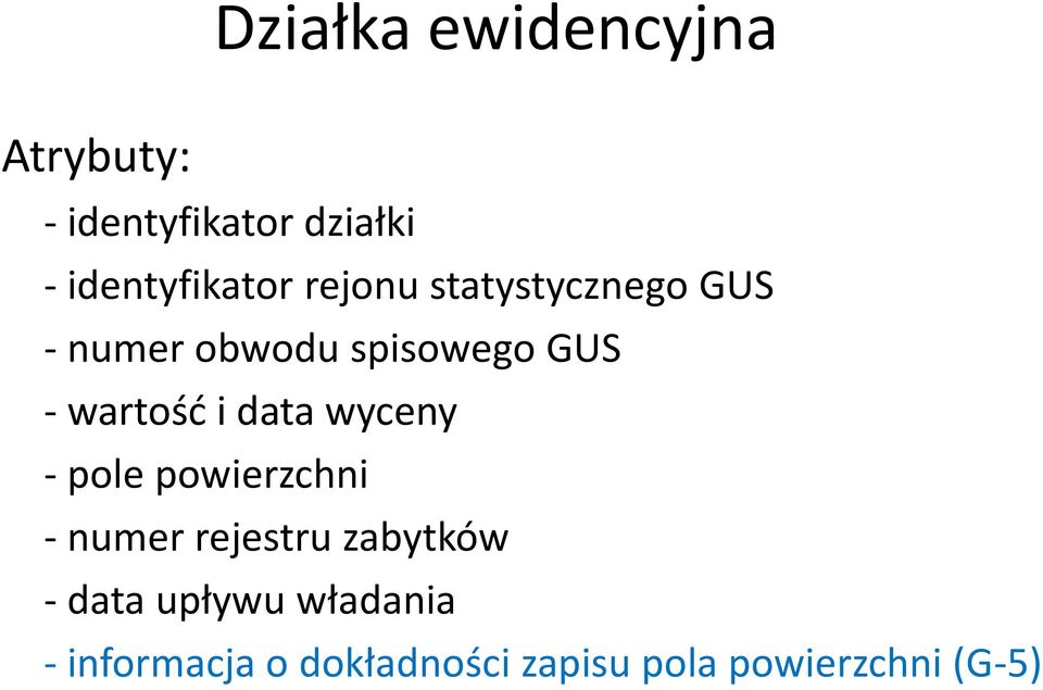 - wartośd i data wyceny - pole powierzchni - numer rejestru zabytków