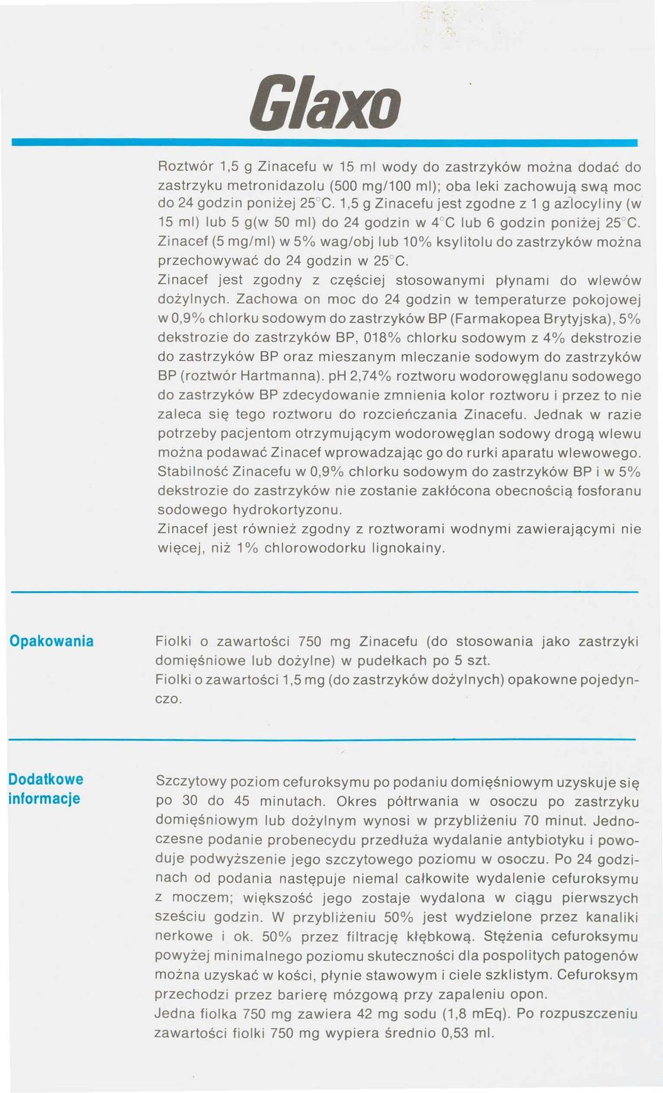 Zinacef (5 mg/mi) w 5% wag/obj lub 10% ksylitolu do zastrzyków można przechowywać do 24 godzin w 25 C. Zinacef jest zgodny z częściej stosowanymi płynami do wlewów dożylnych.