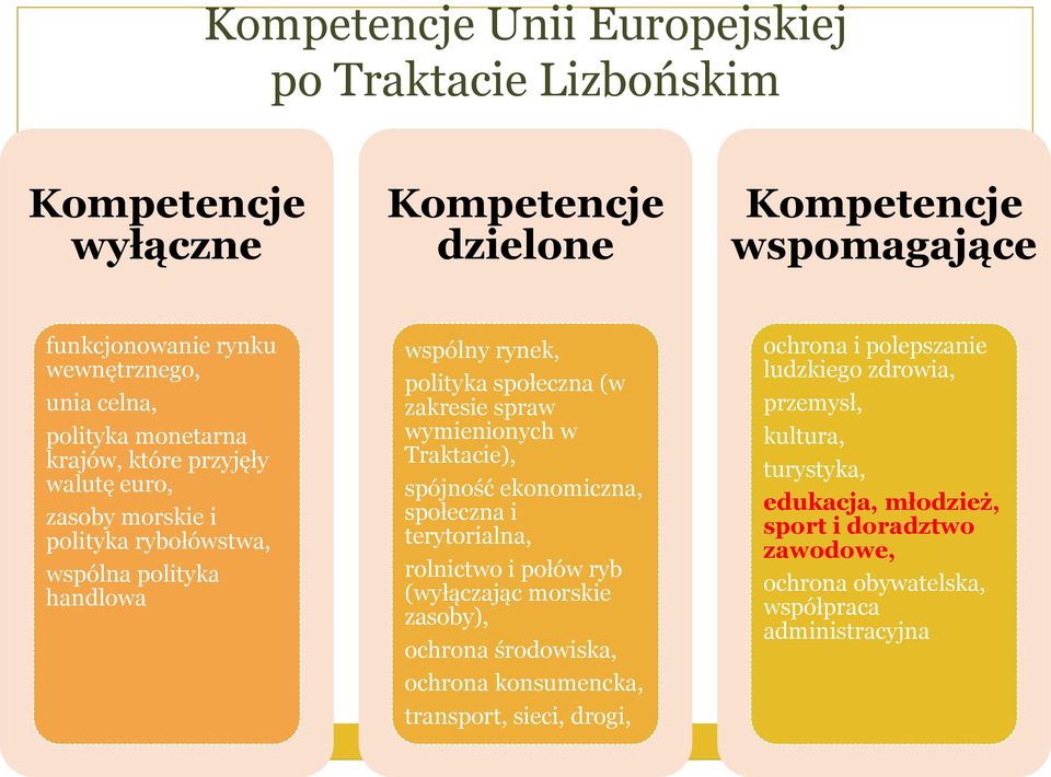 wymienionych w Traktacie), spójność ekonomiczna, społeczna i terytorialna, rolnictwo i połów ryb (wyłączając morskie zasoby), ochrona środowiska, ochrona konsumencka,