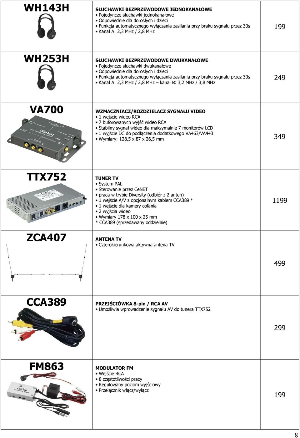 przez 30s Kanał A: 2,3 MHz / 2,8 MHz kanał B: 3,2 MHz / 3,8 MHz 249 VA700 WZMACZNIACZ/ROZDZIELACZ SYGNAŁU VIDEO 1 wejście wideo RCA 7 buforowanych wyjść wideo RCA Stabilny sygnał wideo dla