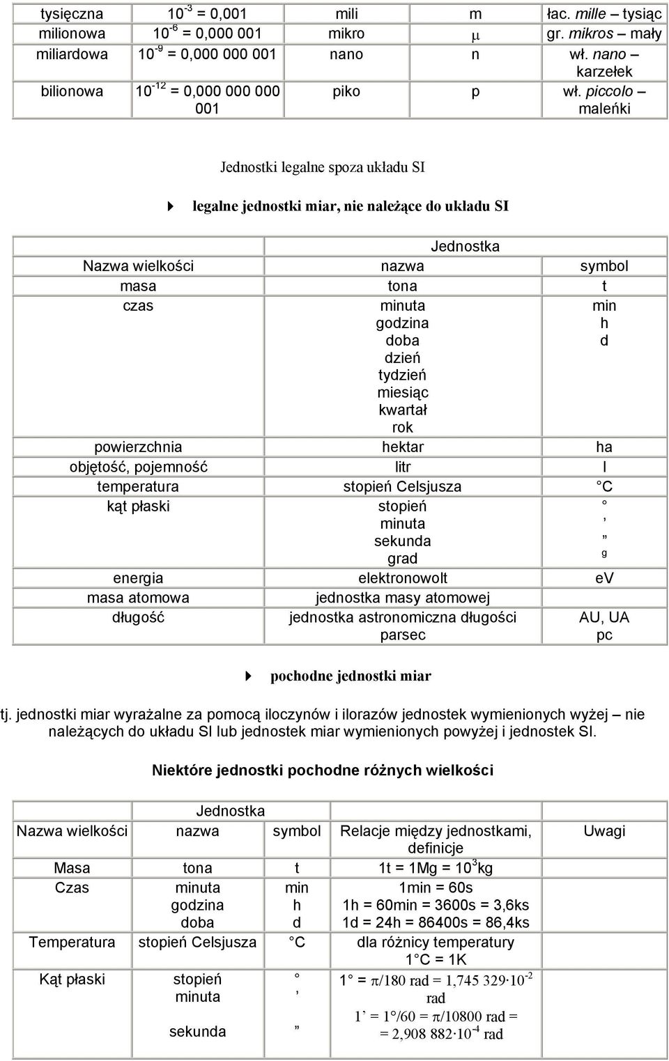 piccolo maleńki Jednostki legalne spoza układu SI legalne jednostki miar, nie należące do układu SI Nazwa wielkości nazwa symbol masa tona t czas minuta godzina doba dzień tydzień miesiąc kwartał rok