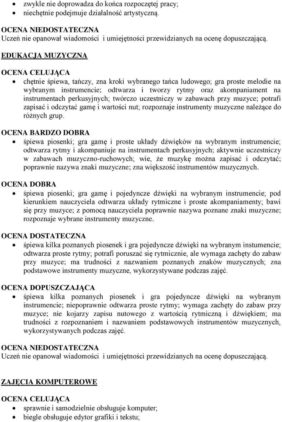 twórczo uczestniczy w zabawach przy muzyce; potrafi zapisać i odczytać gamę i wartości nut; rozpoznaje instrumenty muzyczne należące do różnych grup.