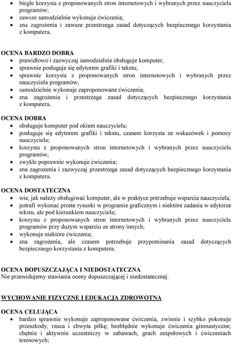 prawidłowo i zazwyczaj samodzielnie obsługuje komputer; sprawnie posługuje się edytorem grafiki i tekstu; sprawnie korzysta z proponowanych stron internetowych i wybranych przez nauczyciela