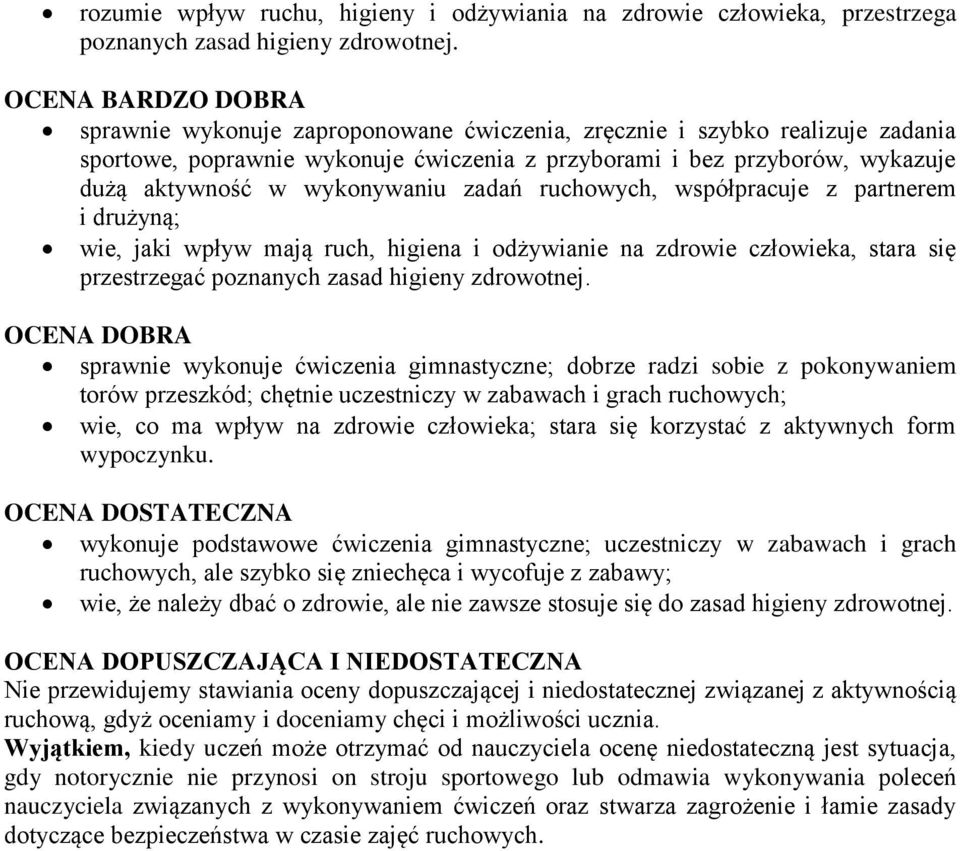 ruchowych, współpracuje z partnerem i drużyną; wie, jaki wpływ mają ruch, higiena i odżywianie na zdrowie człowieka, stara się przestrzegać poznanych zasad higieny zdrowotnej.