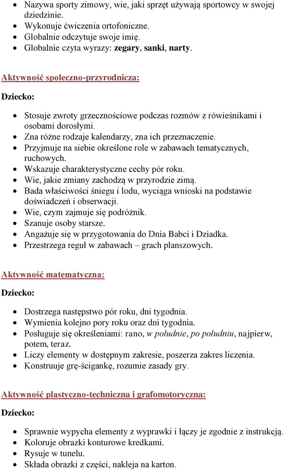 Przyjmuje na siebie określone role w zabawach tematycznych, ruchowych. Wskazuje charakterystyczne cechy pór roku. Wie, jakie zmiany zachodzą w przyrodzie zimą.