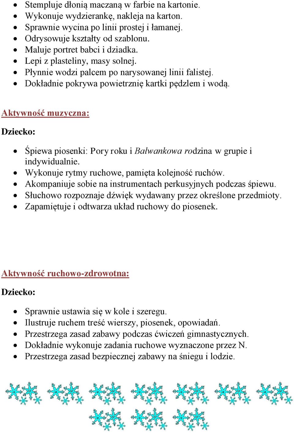 Aktywność muzyczna: Śpiewa piosenki: Pory roku i Bałwankowa rodzina w grupie i indywidualnie. Wykonuje rytmy ruchowe, pamięta kolejność ruchów.