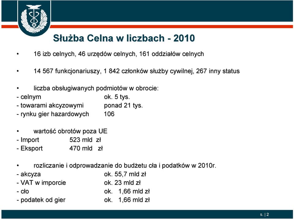 - rynku gier hazardowych 106 wartość obrotów w poza UE - Import 523 mld złz - Eksport 470 mld złz rozliczanie i odprowadzanie do budżetu cła c