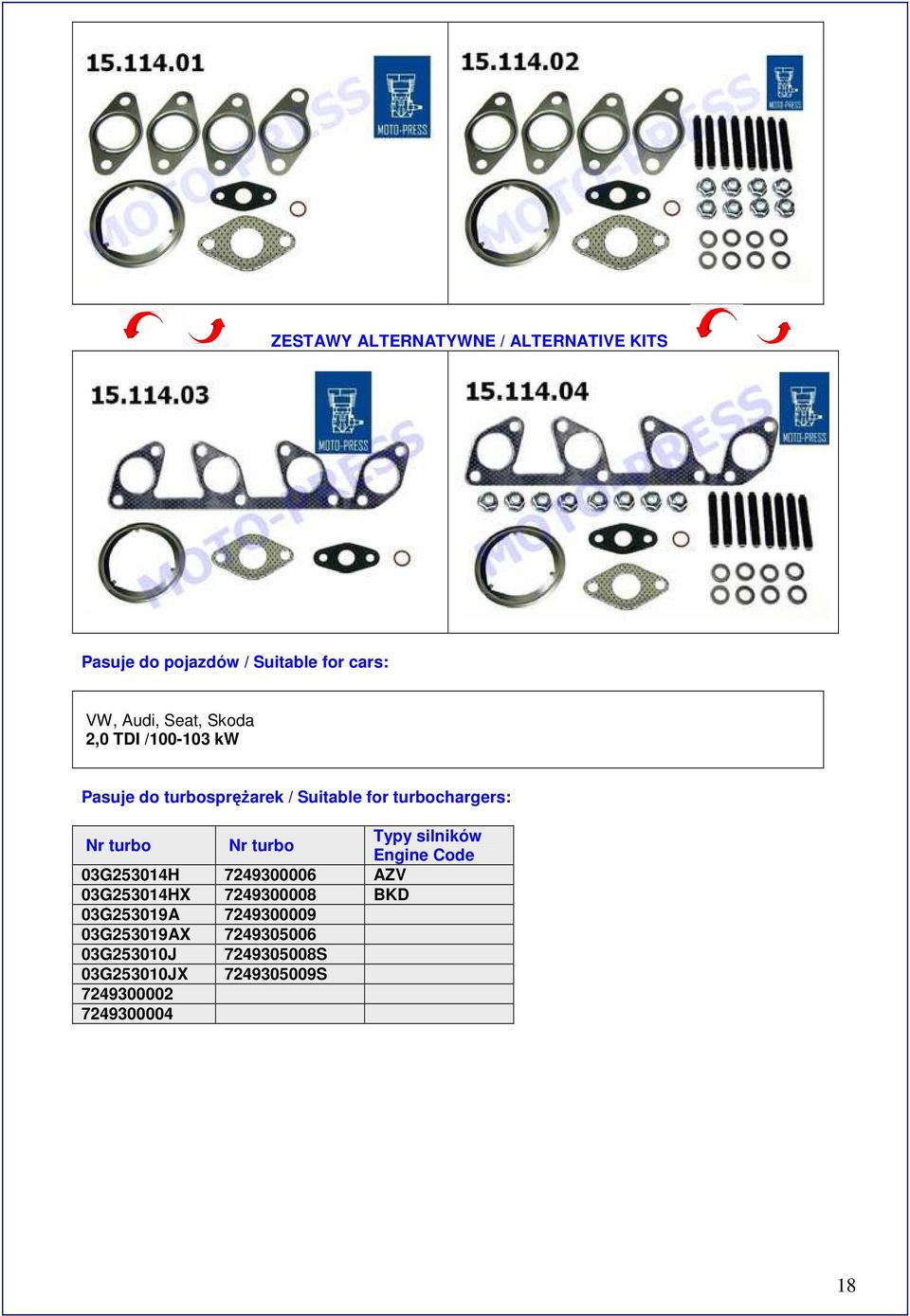 790 VW, Audi, Seat, Skoda 2,0 TDI /100-103 kw Nr turbo Nr turbo 03G253014H 7249300006 AZV