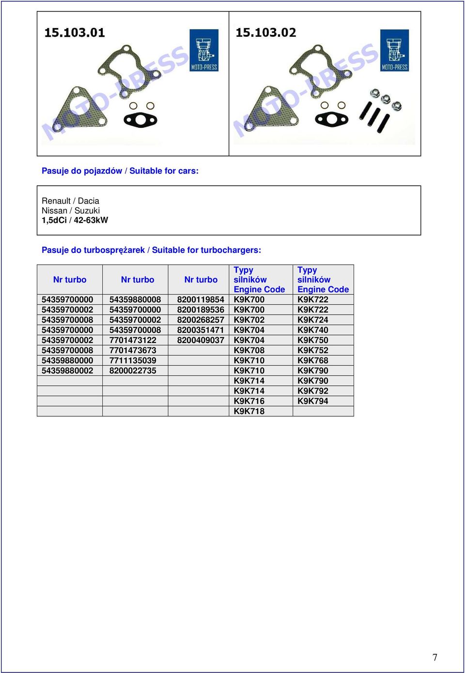 8200119854 K9K700 K9K722 54359700002 54359700000 8200189536 K9K700 K9K722 54359700008 54359700002 8200268257 K9K702 K9K724 54359700000