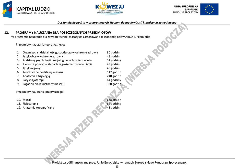 ierwsza pomoc w stanach zagrożenia zdrowia i życia 48 godzin 5. Język migowy 48 godzin 6. Teoretyczne podstawy masażu 112 godzin 7. Anatomia z fizjologią 240 godzin 8. Zarys fizjoterapii 64 godziny 9.