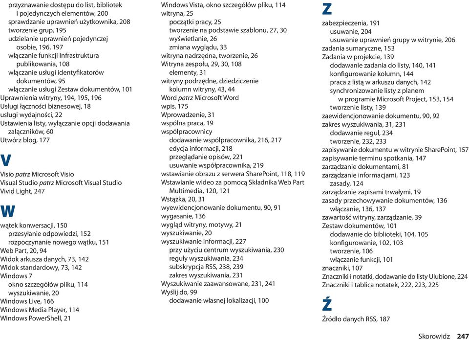 wydajności, 22 Ustawienia listy, wyłączanie opcji dodawania załączników, 60 Utwórz blog, 177 V Visio patrz Microsoft Visio Visual Studio patrz Microsoft Visual Studio Vivid Light, 247 W wątek