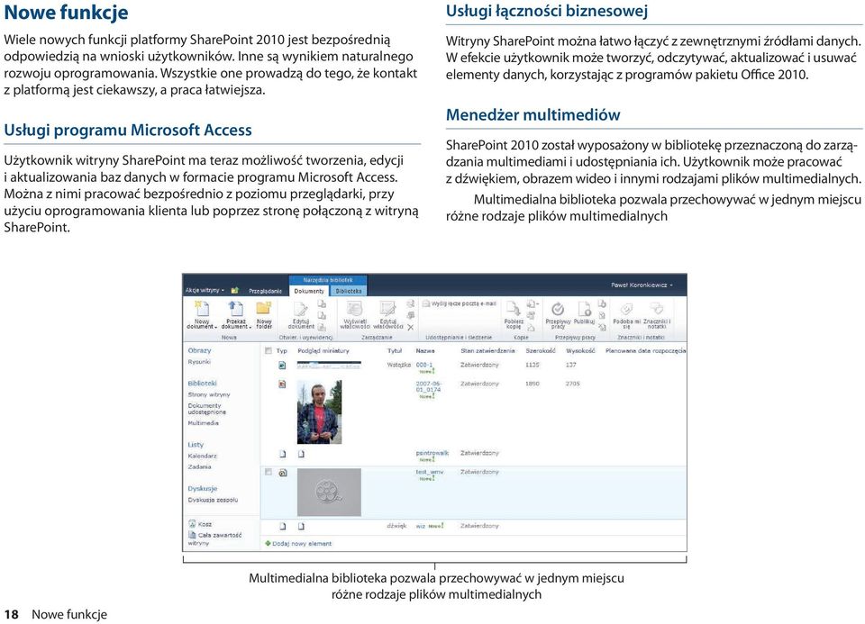 Usługi programu Microsoft Access Użytkownik witryny SharePoint ma teraz możliwość tworzenia, edycji i aktualizowania baz danych w formacie programu Microsoft Access.