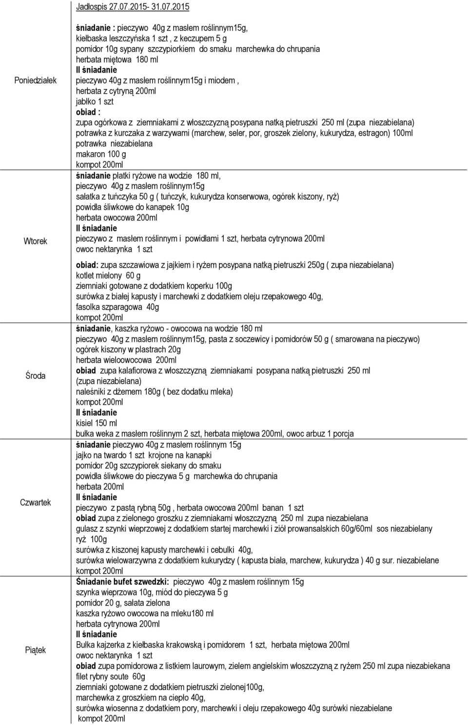 2015 śniadanie : pieczywo 40g z masłem roślinnym15g, kiełbaska leszczyńska 1 szt, z keczupem 5 g pomidor 10g sypany szczypiorkiem do smaku marchewka do chrupania herbata miętowa 180 ml pieczywo 40g z