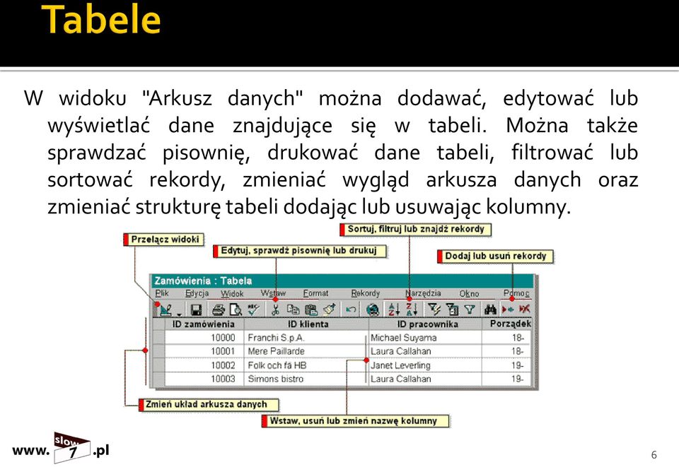 Można także sprawdzać pisownię, drukować dane tabeli, filtrować lub