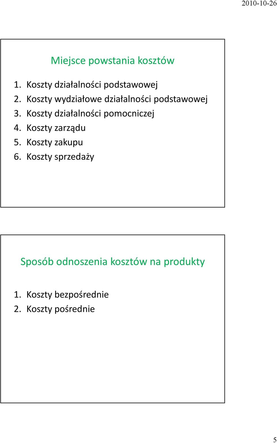 Koszty działalności pomocniczej 4. Koszty zarządu 5. Koszty zakupu 6.