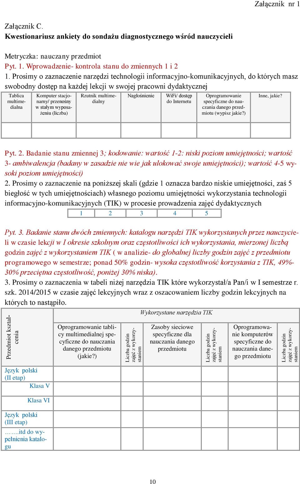 przenośny w stałym wyposażeniu (liczba) Rzutnik multimedialny Nagłośnienie WiFi/ dostęp do Internetu Oprogramowanie specyficzne do nauczania danego przedmiotu (wypisz jakie?) Inne, jakie? Pyt. 2.