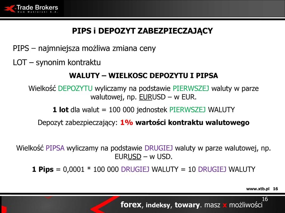 1 lot dla walut = 100 000 jednostek PIERWSZEJ WALUTY Depozyt zabezpieczający: 1% wartości kontraktu walutowego Wielkość PIPSA