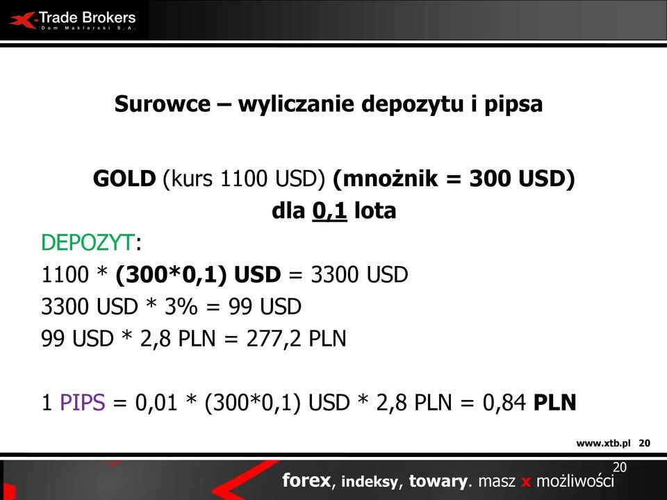 = 99 USD 99 USD * 2,8 PLN = 277,2 PLN 1 PIPS = 0,01 * (300*0,1) USD *