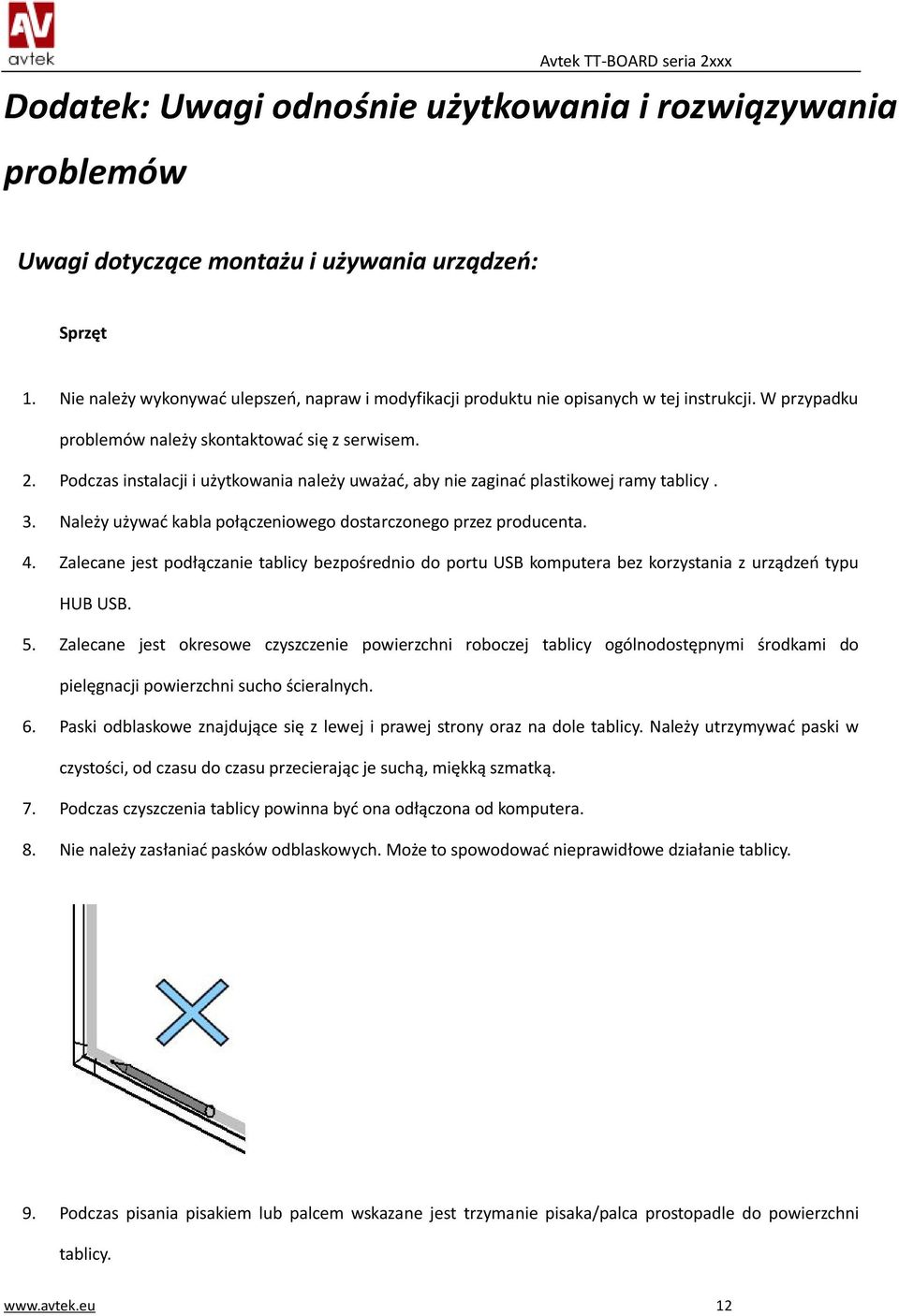 Podczas instalacji i użytkowania należy uważać, aby nie zaginać plastikowej ramy tablicy. 3. Należy używać kabla połączeniowego dostarczonego przez producenta. 4.