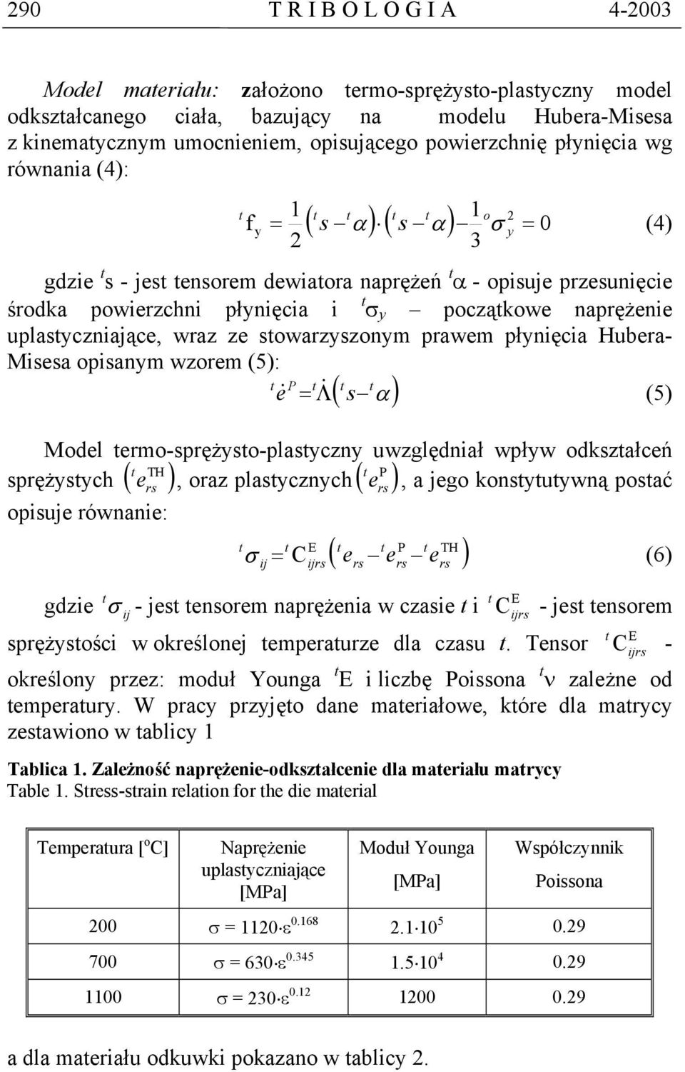 początkowe naprężenie uplastyczniające, wraz ze stowarzyszonym prawem płynięcia Hubera- Misesa opisanym wzorem (5): t P t t e& = Λ & s t α (5) ( ) Model termo-sprężysto-plastyczny uwzględniał wpływ