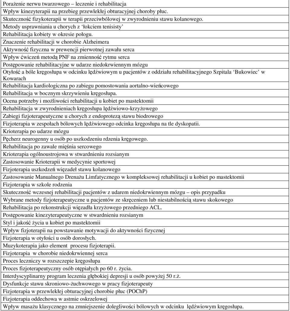 Znaczenie rehabilitacji w chorobie Alzheimera Aktywność fizyczna w prewencji pierwotnej zawału serca Wpływ ćwiczeń metodą PNF na zmienność rytmu serca Postępowanie rehabilitacyjne w udarze