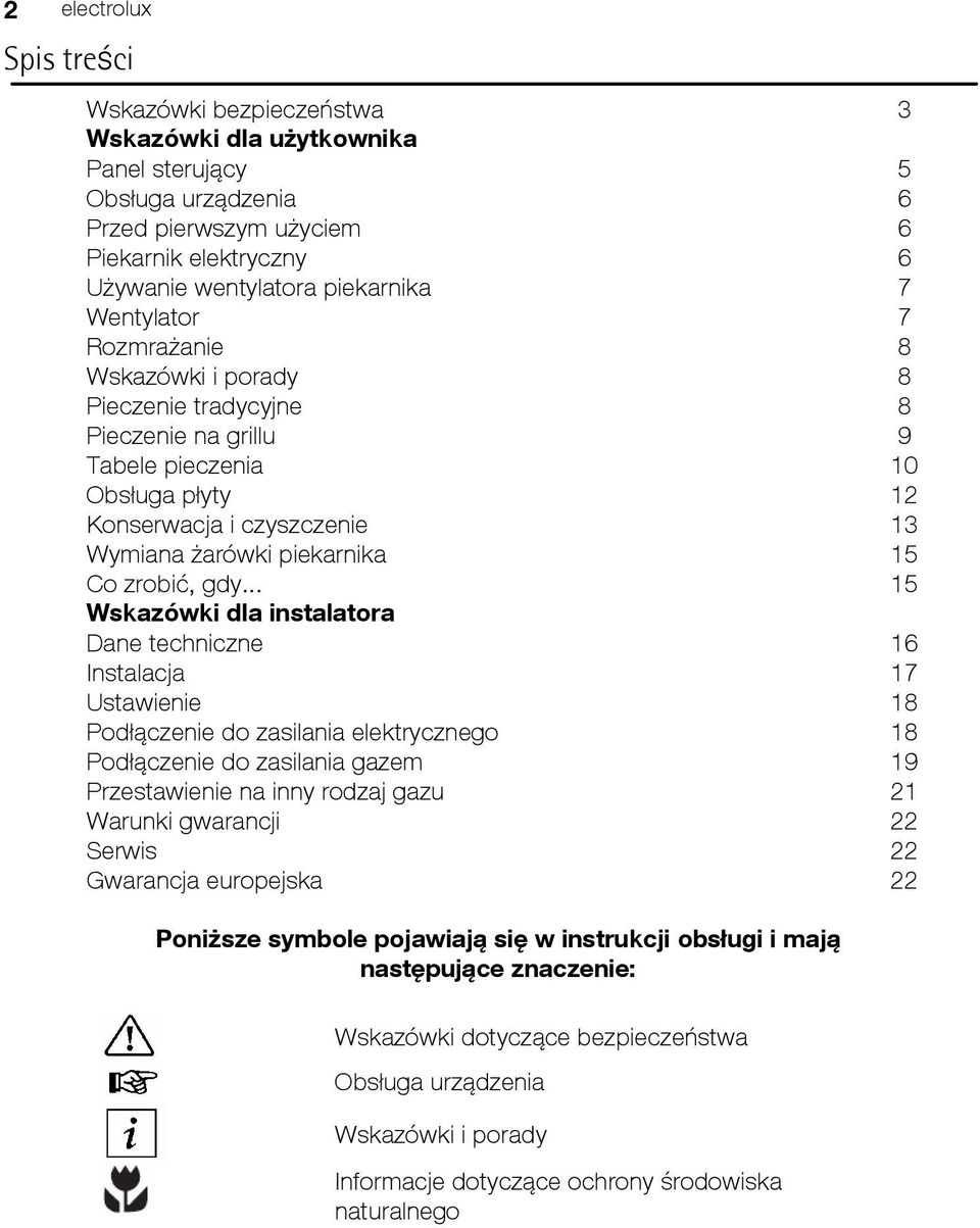 .. Wskazówki dla instalatora Dane techniczne Instalacja Ustawienie Podłączenie do zasilania elektrycznego Podłączenie do zasilania gazem Przestawienie na inny rodzaj gazu Warunki gwarancji Serwis