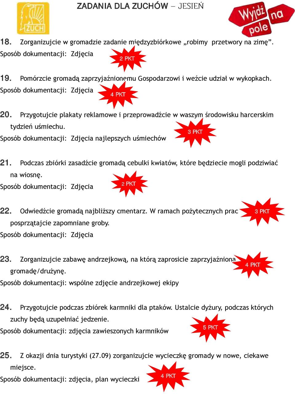 Podczas zbiórki zasadźcie gromadą cebulki kwiatów, które będziecie mogli podziwiać na wiosnę. 22. Odwiedźcie gromadą najbliższy cmentarz. W ramach pożytecznych prac posprzątajcie zapomniane groby. 23.