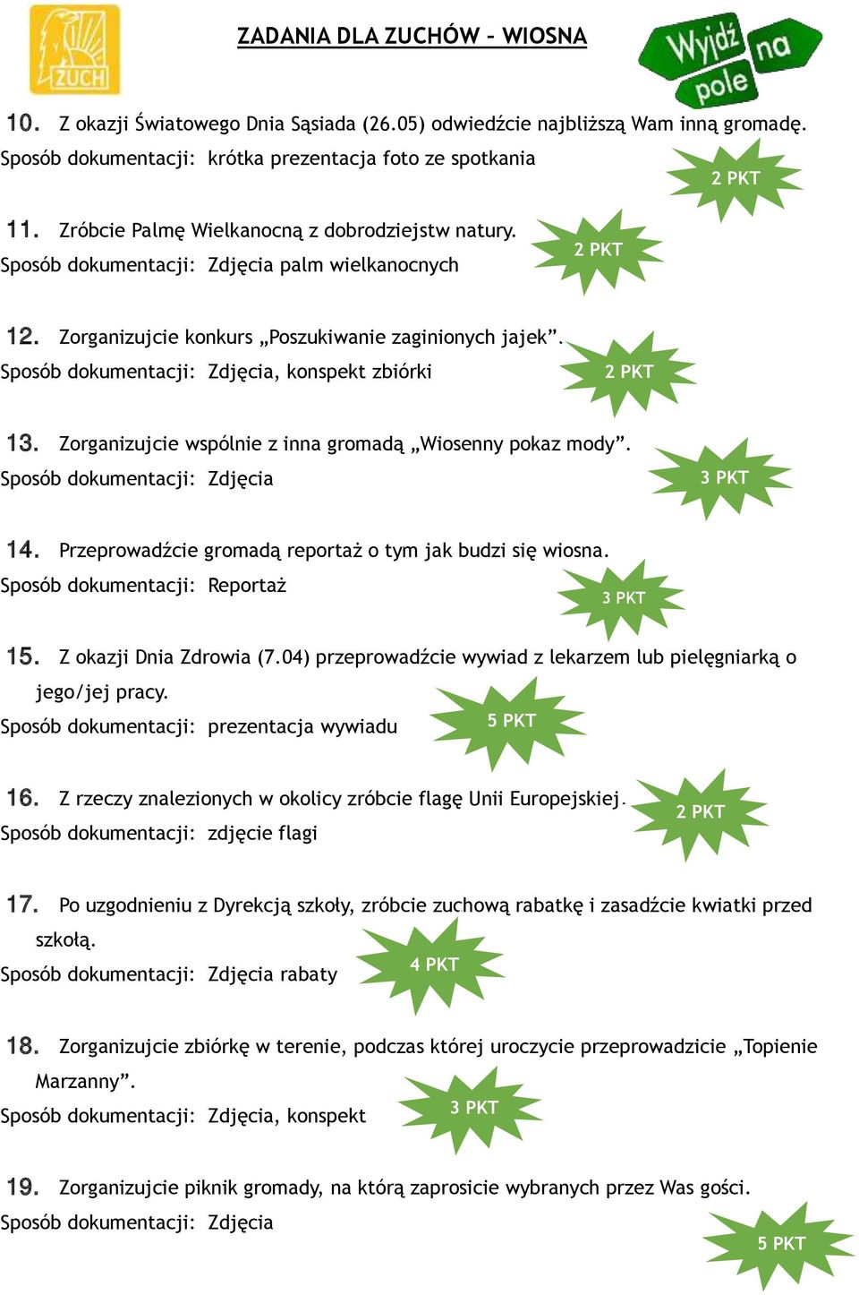 Zorganizujcie wspólnie z inna gromadą Wiosenny pokaz mody. 14. Przeprowadźcie gromadą reportaż o tym jak budzi się wiosna. Sposób dokumentacji: Reportaż 15. Z okazji Dnia Zdrowia (7.
