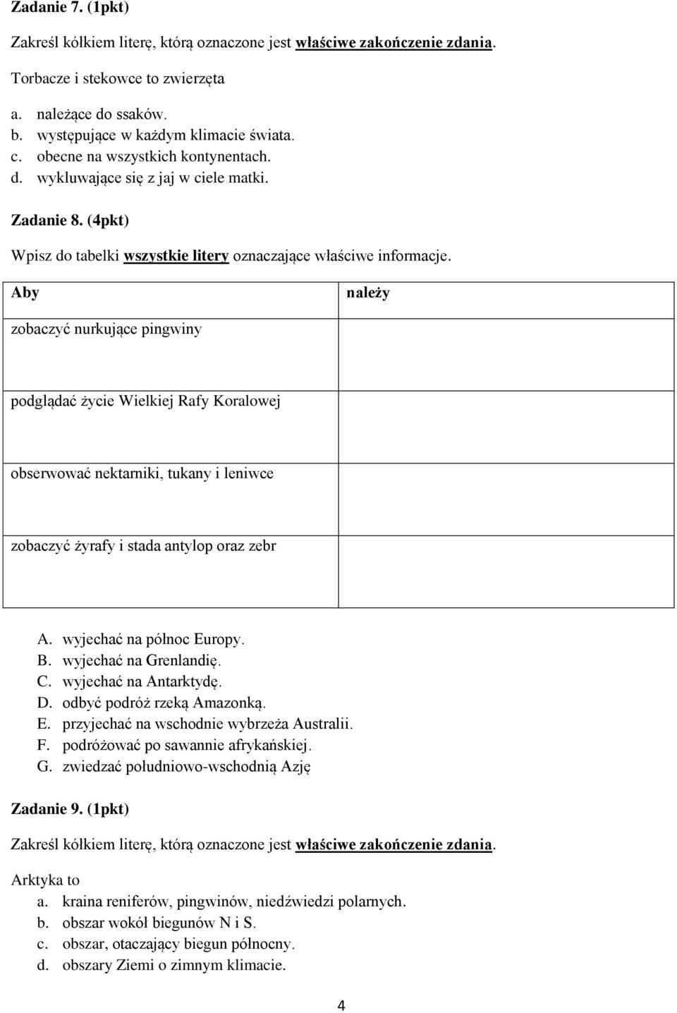 Aby należy zobaczyć nurkujące pingwiny podglądać życie Wielkiej Rafy Koralowej obserwować nektarniki, tukany i leniwce zobaczyć żyrafy i stada antylop oraz zebr A. wyjechać na północ Europy. B.