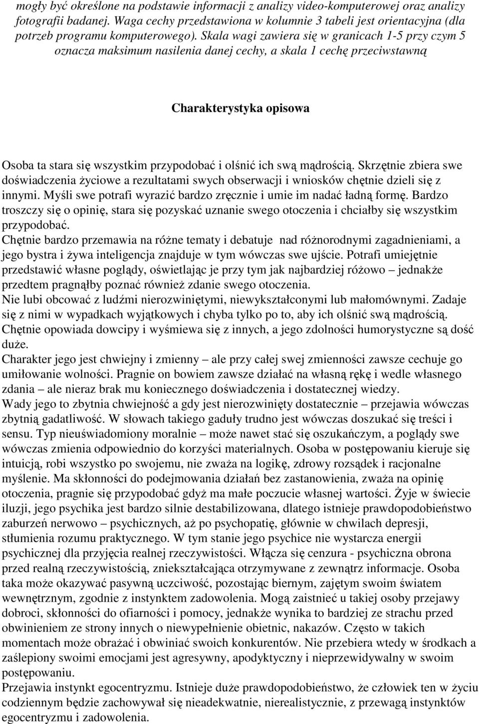 Skala wagi zawiera się w granicach 1-5 przy czym 5 oznacza maksimum nasilenia danej cechy, a skala 1 cechę przeciwstawną Charakterystyka opisowa Osoba ta stara się wszystkim przypodobać i olśnić ich