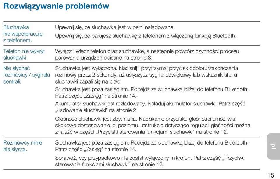 Wyłącz i włącz telefon oraz słuchawkę, a następnie powtórz czynności procesu parowania urządzeń opisane na stronie 8. Słuchawka jest wyłączona.