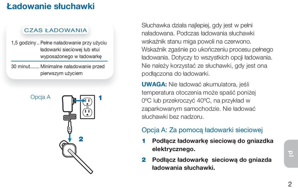 Wskaźnik zgaśnie po ukończeniu procesu pełnego ładowania. Dotyczy to wszystkich opcji ładowania. Nie należy korzystać ze słuchawki, gdy jest ona podłączona do ładowarki.